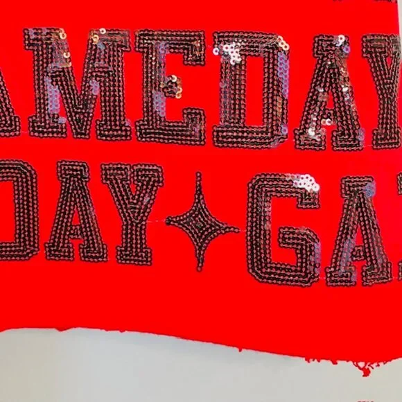 Queen of Sparkles QOS Sequin Game Day Sweatshirt Boxy Crop Fit Red/Black Small - Picture 5 of 7